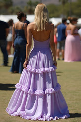 Flieder Schulterfreies Hochzeitsgastkleid mit Rüschen und Schlitz